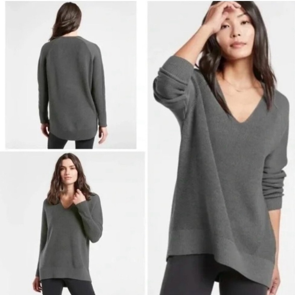 Athleta Minimalist Classic Gray Refined wool blend Hanover V-Neck Sweater Sz 3XL